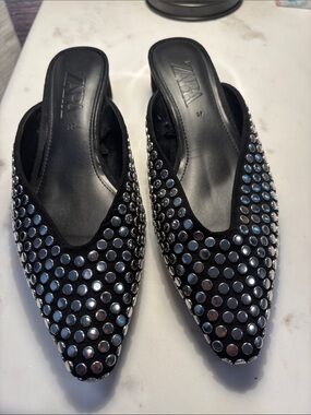 Zara Black Studded Pointed Slip-On Mules with 1” heel